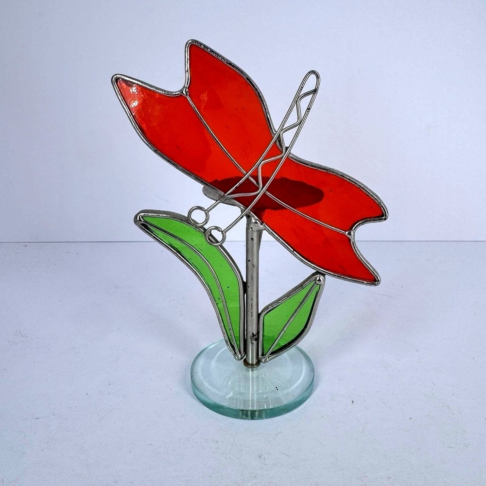 Stained Glass Flower Tealight Candle Holder Orange Red Green Suncatcher Decor